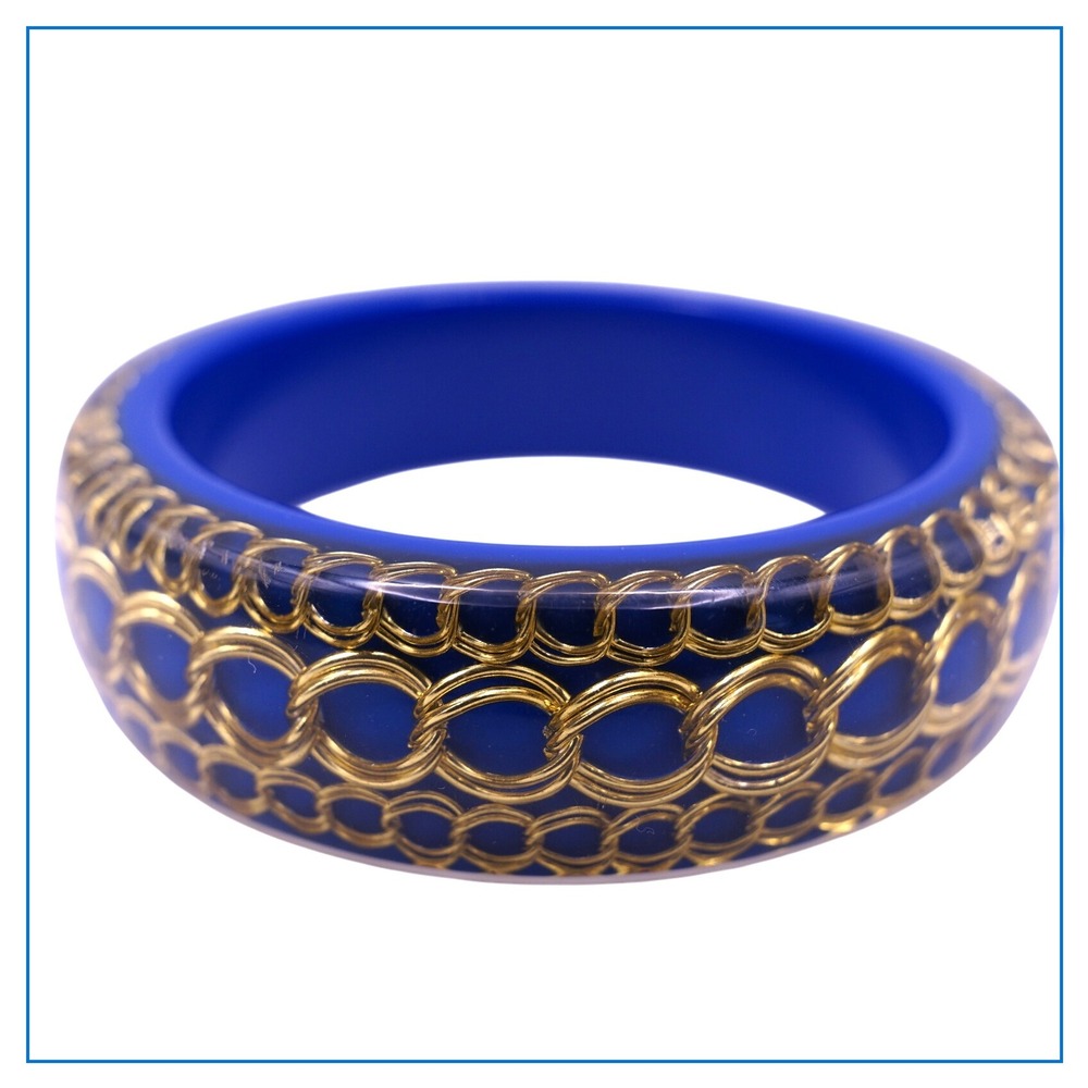 Retro‎ Vintage Lucite Bangle Bracelet - Bold Gold Chainlink Cuff with Blue Inlay